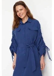  Modest Saks Cotton Shirt Dress with Adjustable Sleeves and Belted - TCTSS23EB00365