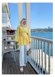 Aselim Hijap Moda Poplin Kimono -Scuba Pants Shirt Suit Yellow