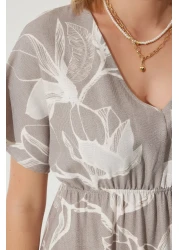 Happiness İstanbul فستان نسائي صيفي من الكتان الخام بنمط استوائي حجري BP00156