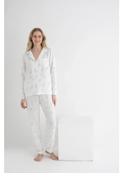 DOFİ طقم بيجامة نسائي من Dofi باللون الأبيض بأكمام طويلة وأزرار من قماش Aerobin