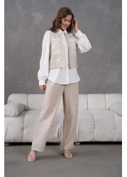 Miss Allos طقم سترة وبنطلون من الكتان للسيدات مع تطريز أمامي وخلفي باللؤلؤ والحجر