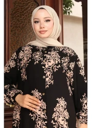 sefamerve Floor-Length Buttoned Patterned Dress 2080-03 Black