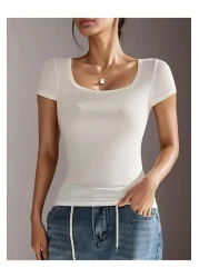 Wearflawless Square Neck Short Sleeve Cotton Twill White Blouse