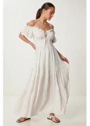 Lovelyİstanbul Patterned Strappy Ruffled Long Summer Viscose Dress Ecru Murdum Lub0112
