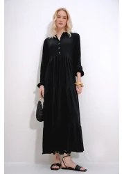 Trend Alaçatı Stili Women's Black High Collar Buttoned Front Layered Flounced Crinkle Dress ALC-X12050