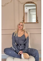 Pijamaevi Anthracite Sunlit Patterned Bamboo Women's Pajama Set with Dressing Gown