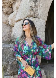 bytugcekaya Mixed Color Dress with Bat Sleeve and Slit Detail