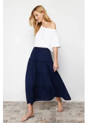  Collection Navy Blue Flared Maxi Length Woven Skirt with Gather Detail at Waist TWOSS24ET00098
