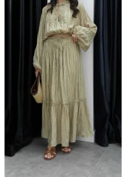 Bak'ap Premium Wrinkle Pattern Flounced Ruffled Trend Shirt Blouse-Long Skirt 2-Piece Set