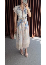 HAZELANNA فستان منقوش بالكتان مطبوع رقميًا باللون الأزرق