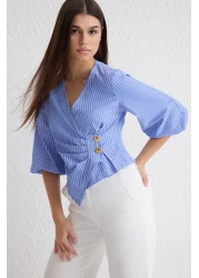  Collection Blue Double Breasted Striped Woven Blouse Twoss25Bz00170