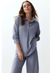  Collection طقم بلوزة وبنطلون رمادي منسوج - أزرار، TWOSS24AU00108