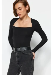  Collection Black Cotton Stretchy Square Neck Fitted Blouse TWOAW24BZ00165