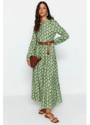  Modest Green Belted Skirt Flounced Flower Patterned Lined Woven Dress TCTSS23EB00111