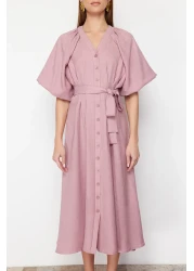  Modest Pink Belted Half Balloon Sleeve Linen Look Woven Shirt Dress TCTSS24EB00014