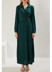  Modest Emerald Green Double Breasted Neckline Pleated Accessory Detail Knitted Dress Tctaw25Eb00138
