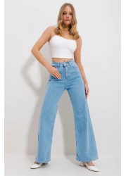 Trend Alaçatı Stili بنطال نسائي من قماش الدنيم باللون الأزرق الجليدي بخمسة جيوب من الليكرا بالازو Alc-X11757