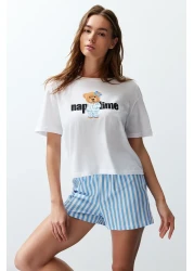  Collection White Striped 100% Cotton Sleepwear Set with Shorts - Women's Couple Thmss24Pt00175