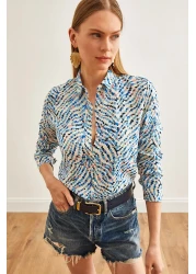 Olalook قميص فيسكوز منسوج منقوش باللون الأزرق على شكل قلب صغير للنساء GML-19001204