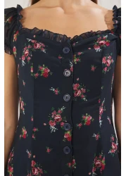  Collection Navy Floral Lined Chiffon Flight Flight Woven Midi Shirt Dress Twoss25El00563