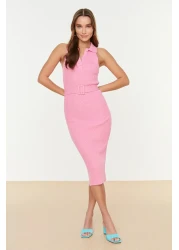  Collection فستان ميدي محبوك بحزام وردي TWOSS22EL1031