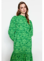  Modest Green Patterned Half Placket Wide Fit Cotton Woven Dress TCTSS23EB00222