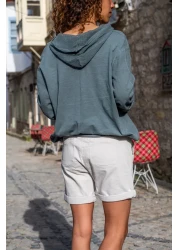 Güneşkızı Women's Gray Washed Linen Mesh Star Sequin Hooded Blouse GK-RSD2046