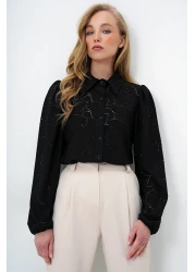 Trend Alaçatı Stili قميص نسائي منسوج بأكمام الأميرة باللون الأسود ALC-X4366