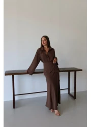 Laluvia Brown Skirt Belted Skirt Shirt Suit - 8763