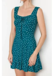  Collection Petrol Polka Dot Printed Square Neck Flounce A-Line Mini Knitted Dress TWOSS23EL00348