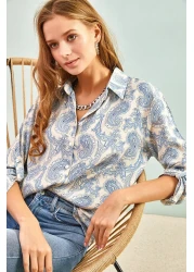 Bianco Lucci قميص فيسكوز نسائي مطوي وأكمام منقوشة بأوراق متعددة