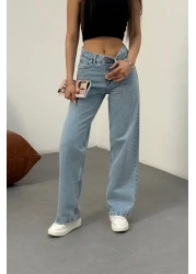 BİKELİFE بنطال جينز نسائي أزرق فاتح عالي الخصر من الليكرا قابل للتمدد وواسع الساق