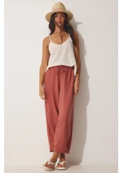 Happiness İstanbul بنطلون شالوار من الكتان والفيسكوز بجيب وردي مغبر للسيدات CV00001