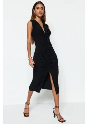  Collection Black Fitted/Body-Sitting Gather Detailed Midi Flexible Knitted Pencil Dress TWOSS23EL00751