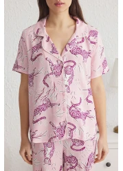  Collection طقم بيجامة منسوجة من الفيسكوز بطباعة حيوانات وردية THMSS25PT00022