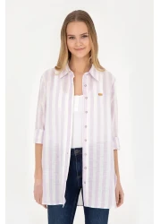 U.S. Polo Assn. قميص نسائي ذو مظهر كتان أرجواني - كم طويل50288408-VR034