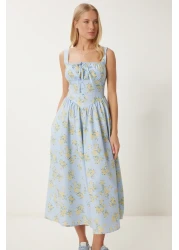 Happiness İstanbul فستان بوبلين صيفي متوسط ​​الطول منقوش عليه زهور باللون الأزرق والأصفر للنساء UB00353
