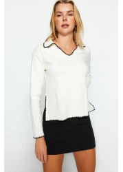  Collection Ecru Crochet Embroidery Detailed Corded Shirt Collar Regular Fit Knitted Blouse TWOAW24BZ00398