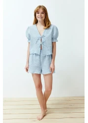  Collection Blue Textured Gingham Lacing/Ribbon/Bow Detailed Shorts Woven Pajamas Set Thmss24Pt00149