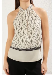  Collection Multicolor Satin Halter Neck Pattern Woven Blouse Twoss25Bz00163