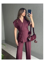 Forlady4 مجموعة سترة وسروال بتصميم بورجوندي للنساء