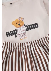  Collection طقم بيجامة نسائي مزدوج اللون - 100% قطن، شورت مخطط مع دمية دب، THMSS24PT00175