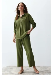  Collection Khaki Buttoned Woven Blouse and Trousers Set - Twoss24Au00108