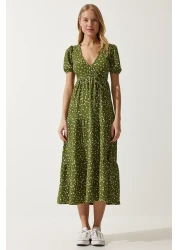 Happiness İstanbul فستان نسائي صيفي محبوك بياقة ملفوفة باللون الكاكي UB00267