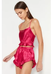  Collection Fuchsia Ruffled and Back Rope Strap Satin Woven Pajamas Set Thmss23Pt00048