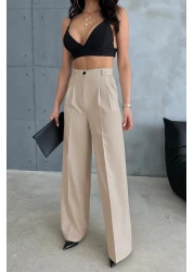 Ortaya Çık Beige Pleated Fabric Palazzo Trousers