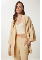 Happiness İstanbul طقم بنطلون كيمونو كريمي نسائي محبوك BY00050