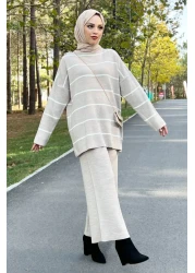 Tesettür Dünyası Beige Striped Knitwear Set - Tsd220905