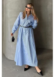 Olcay فستان بوبلين فضفاض بتفاصيل أزرار على الجانب أزرق-أبيض 9316-E