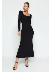  Collection Black Flounced Square Neck Fitted Maxi Stretchy Knitted Dress TWOAW24EL00613